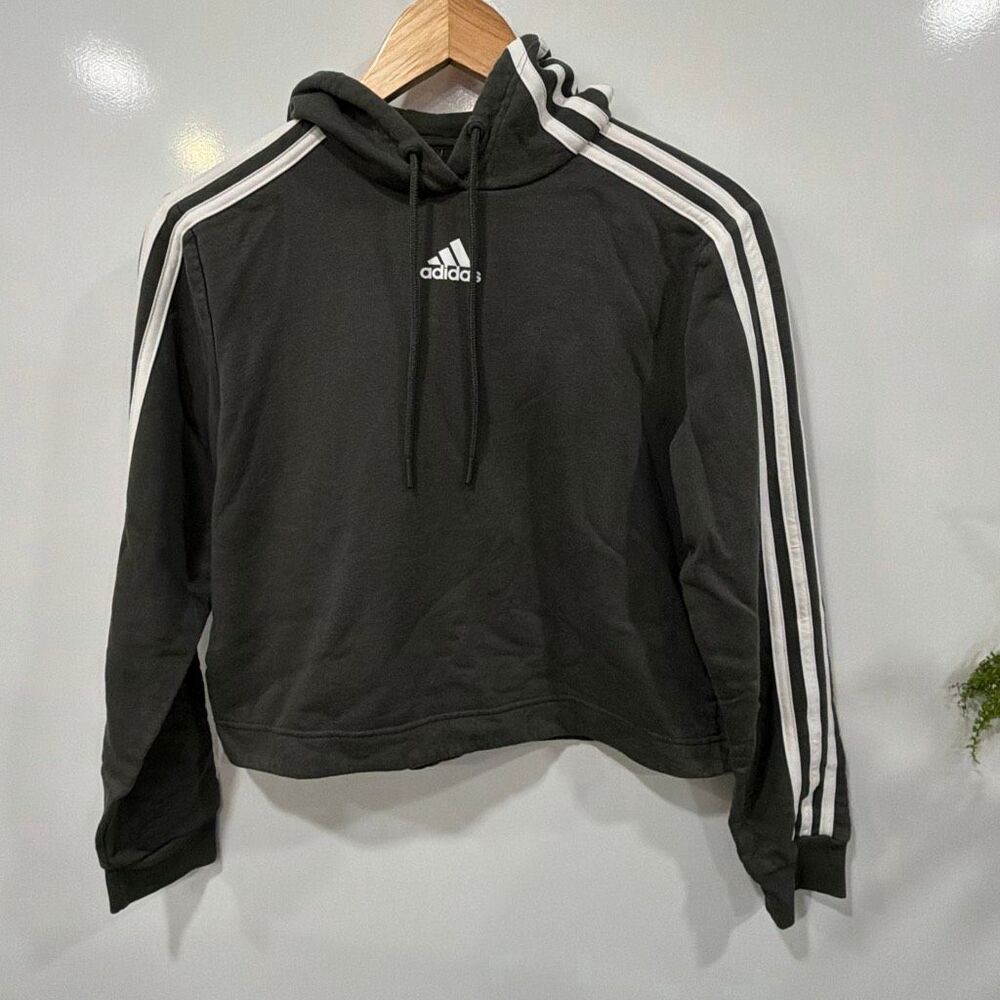 Adidas 3 Stripe Crop Hoodie‎ Black White Small
